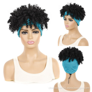 Wholesale Ombre Blue Scarf Short Black Kinky Curly Fluffy Turban Wigs Afro Synthetic Headband Attached Wigs For Black Women